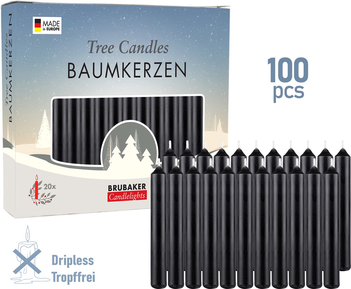 BRUBAKER 100 Stuks - Boomkaarsen - Zwart - Kerstkaarsen - Piramidekaarsen - Kerstboomkaarsen - 95/12.5 mm – Kaarsen - Kaarsjes