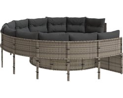 vidaXL - Tuinbank - met - tafel - en - kussens - rond - poly - rattan - grijs
