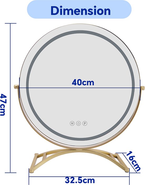 Afmetingen van de gouden make-upspiegel: 47cm hoog, 40cm breed, 32.5cm diep, 16cm voet.