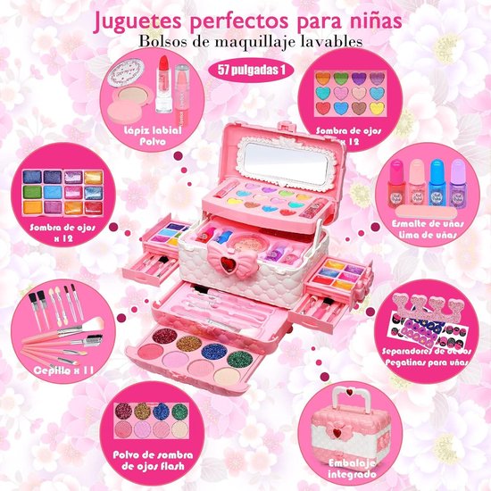Make-upkits voor kinderen, 54 stuks, voor kleine meisjes, echt wasbaar, fantasiespel, cosmeticaset, speelgoed met spiegel, niet-giftig en veilig, verjaardagscadeaus voor 3, 4, 5, 6, 7, 8, 9, 10-12