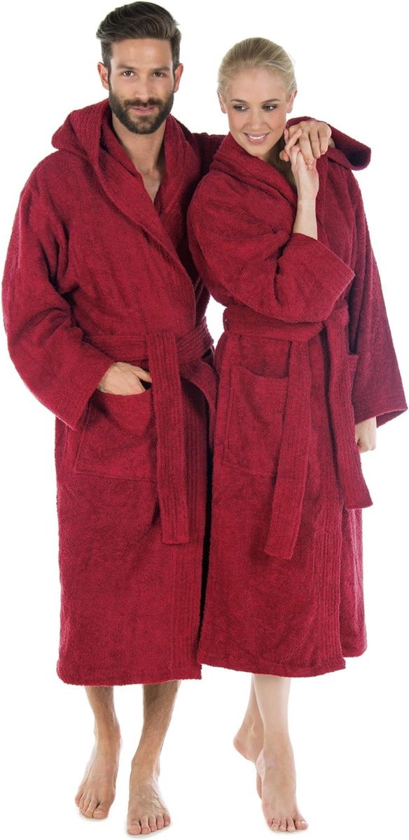 Badjas met capuchon of sjaalkraag effen lange opgestikte zakken dames heren unisex warme badstof katoen