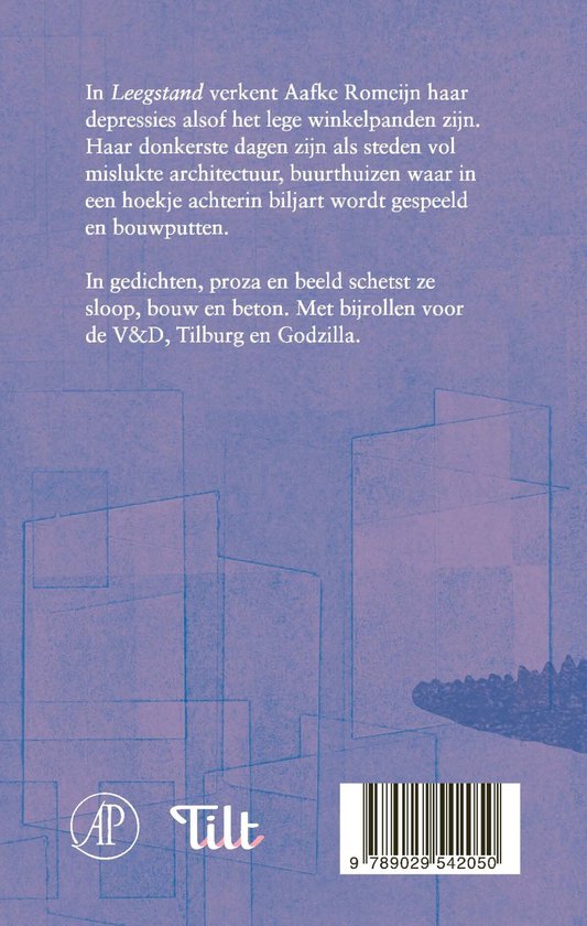 Achterkant van het boek 'Leegstand' met tekst over de inhoud. Rechtsonder de barcode. Achtergrond met blauwe schets van gebouwen.
