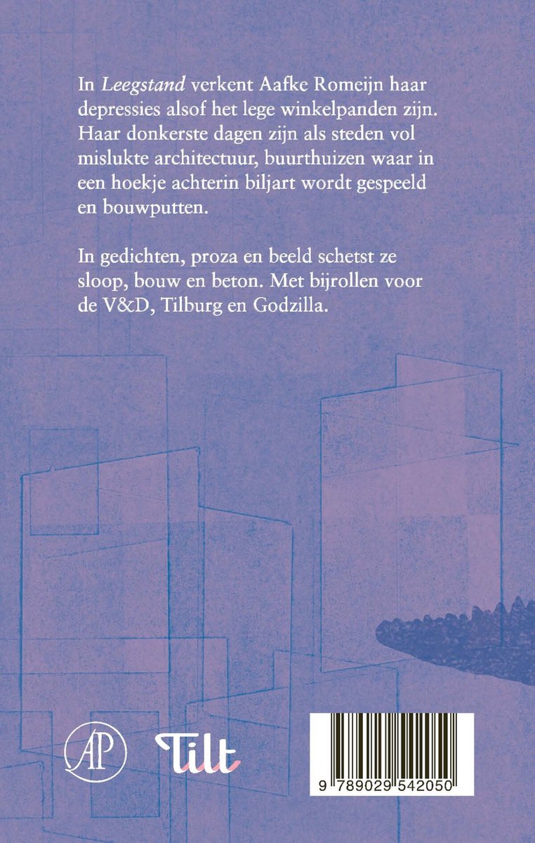 Achterkant van het boek 'Leegstand' met tekst over de inhoud. Rechtsonder de barcode. Achtergrond met blauwe schets van gebouwen.