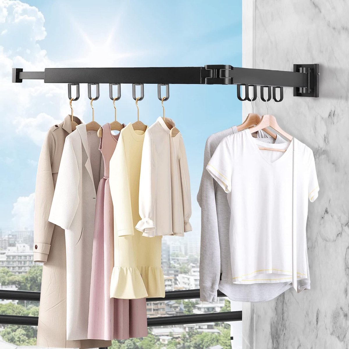 Goedkoopste Droogrek, wandmontage, kledingstang, 90 cm, uittrekbaar, inklapbaar wasrek, kledingstang, muur met 12 haken voor balkon, wasgoed, badkamer, slaapkamer, twee vouwen