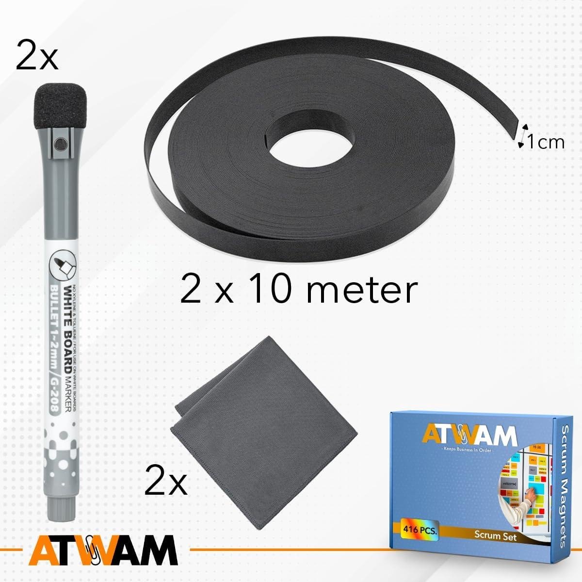 ATWAM Scrum Whiteboard Magneten Set - 416 Delig Met 6 Kleuren, Markers, Wisdoekjes & Magneetband - Beschrijfbaar En Herbruikbaar Voor Agile Teams En Dagelijks Overleg