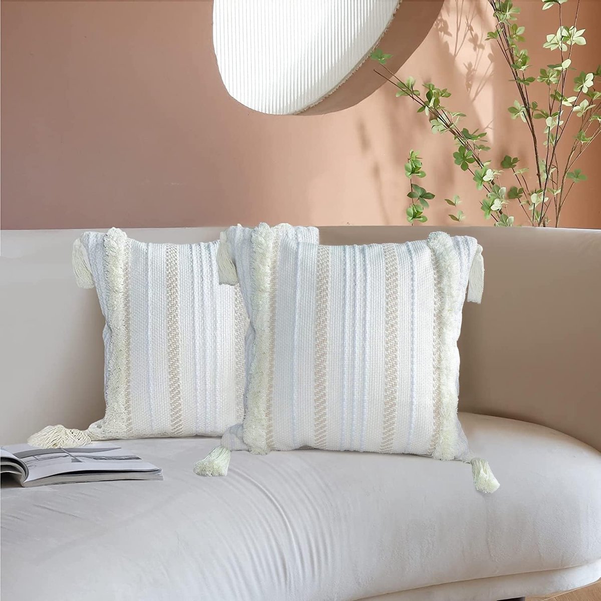 hi-home Set van 2 boho-kussenslopen, 45 x 45 cm, decoratieve kussenhoezen, boho-kussen, stijl, sierkussen, katoenen kussenslopen, bankkussens voor bank, slaapkamer, woonkamer, crèmegeel