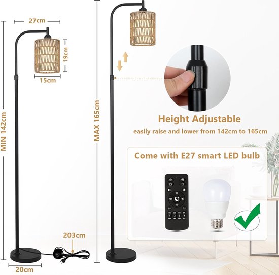 Winverty Vloerlamp voor woonkamer, rotan, boho, RGB, dimbaar, staande