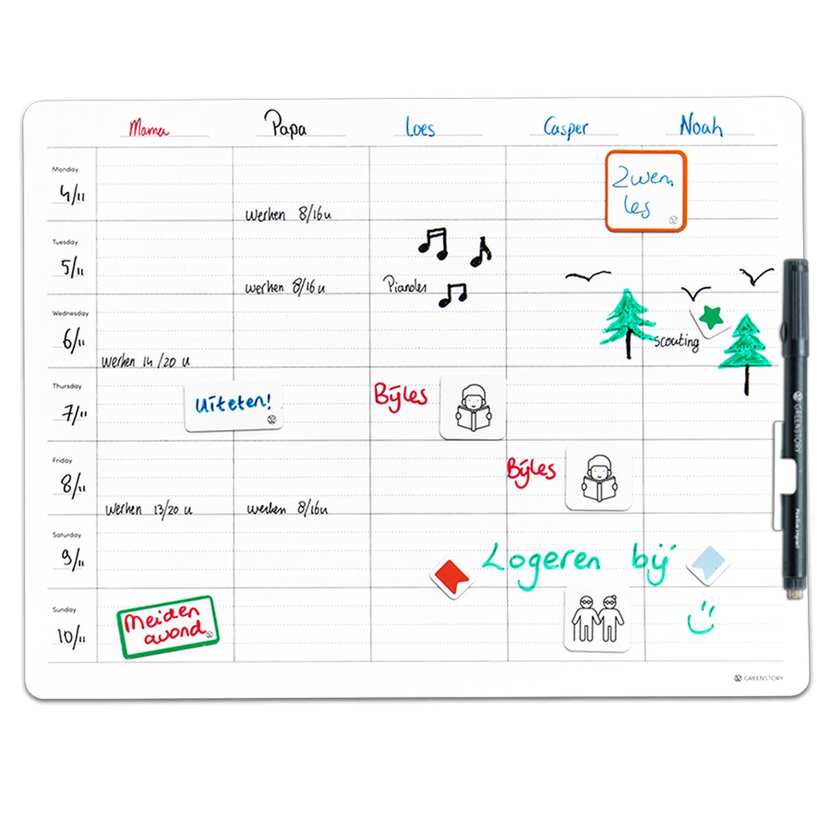 GreenStory - Familie kalender - Zelfklevend - 5 Personen - Familieagenda - S - Sticky Whiteboard - met Sticky Pen