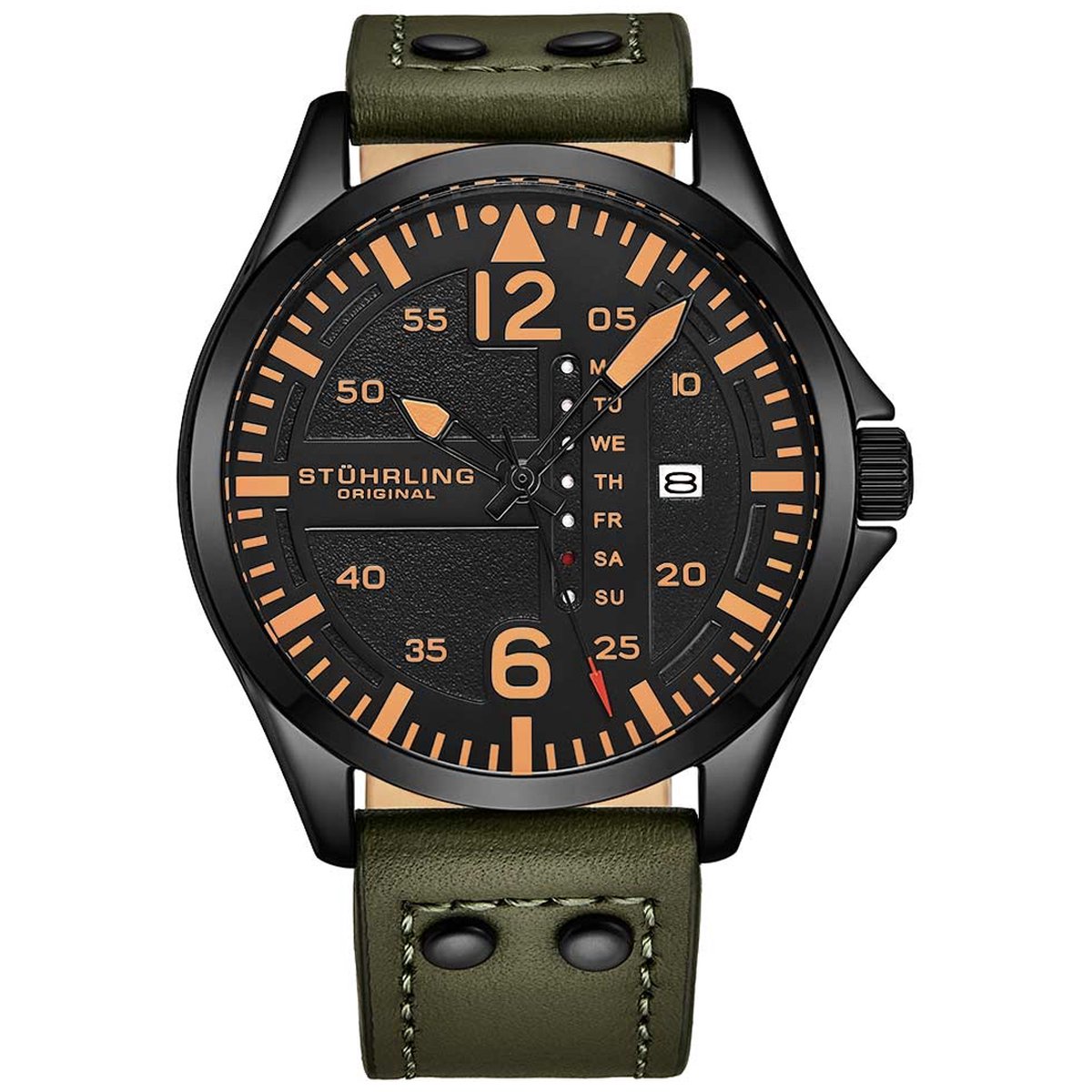 Stührling Aeronaut 3916 Quartz 43mm Aviator Horloge - Horloge Heren - Horloges voor Mannen - Waterdicht 10 ATM - Alligator-gestempelde Leren Band