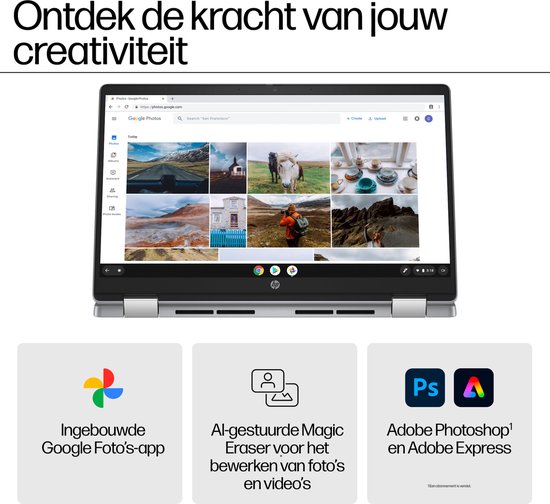 HP Chromebook x360 14b-cd0635nd Intel® Core™ i3 i3-N305 35,6 cm (14") Touchscreen Full HD 8 GB LPDDR5-SDRAM 256 GB eUFS Wi-Fi 6 (802.11ax) ChromeOS Zilver