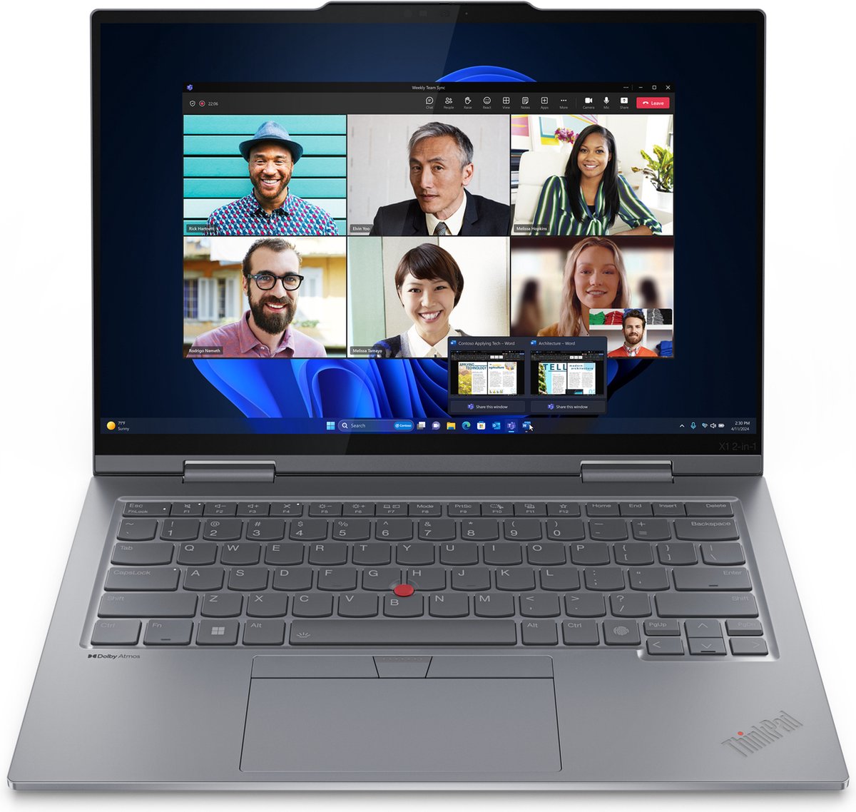 Lenovo ThinkPad X1 2-in-1 Intel Core Ultra 7 155U Hybride (2-in-1) 356 cm (14") Touchscreen WUXGA 32 GB LPDDR5x-SDRAM 1 TB SSD Wi-Fi 6E (802.11ax) Windows 11 Pro Grijs