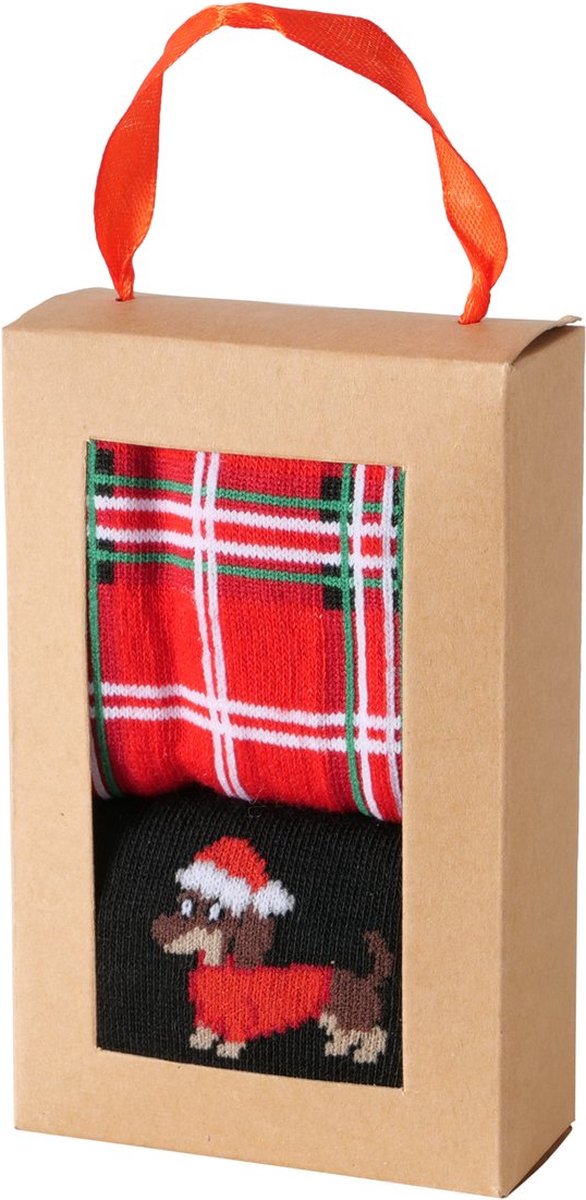 Kerst sokken in geschenkverpakking - tartan - one size - Boltze