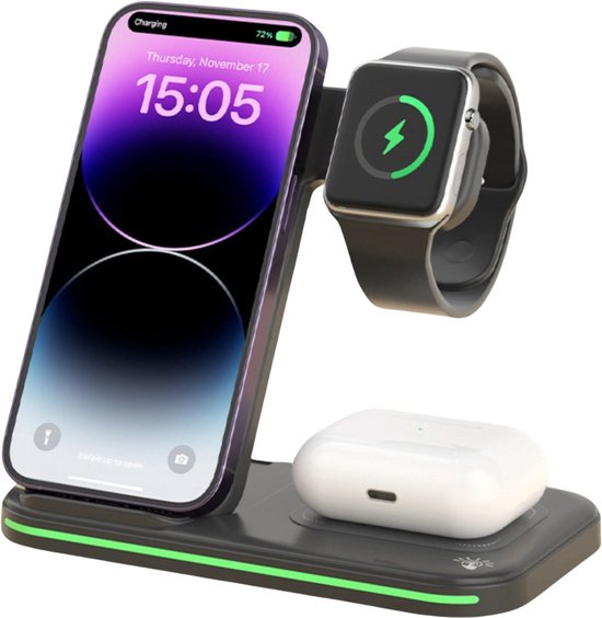 Foto: Rolio 3 in 1 draadloze oplader draadloos oplaadstation 15w geschikt voor iphone apple watch airpods lader universeel iphone samsung android en meer