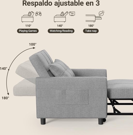 Afbeelding die de drie verstelmogelijkheden van de grijze fauteuil toont: 110° voor gamen, 140° voor tv kijken en 180° voor dutjes.
