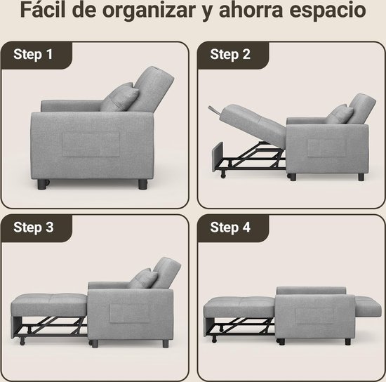 Vier stappen tonen hoe de grijze fauteuil wordt omgebouwd tot een bed.