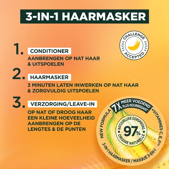Instructions d'utilisation du masque capillaire 3-en-1 : après-shampoing, masque, soin sans rinçage. Nouvelle formule 97% d'origine naturelle.