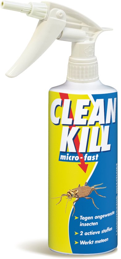 Sprayfles Clean Kill Micro-Fast met witte spuitkop. Gele en blauwe etikettering met tekst "Tegen ongewenste insecten".