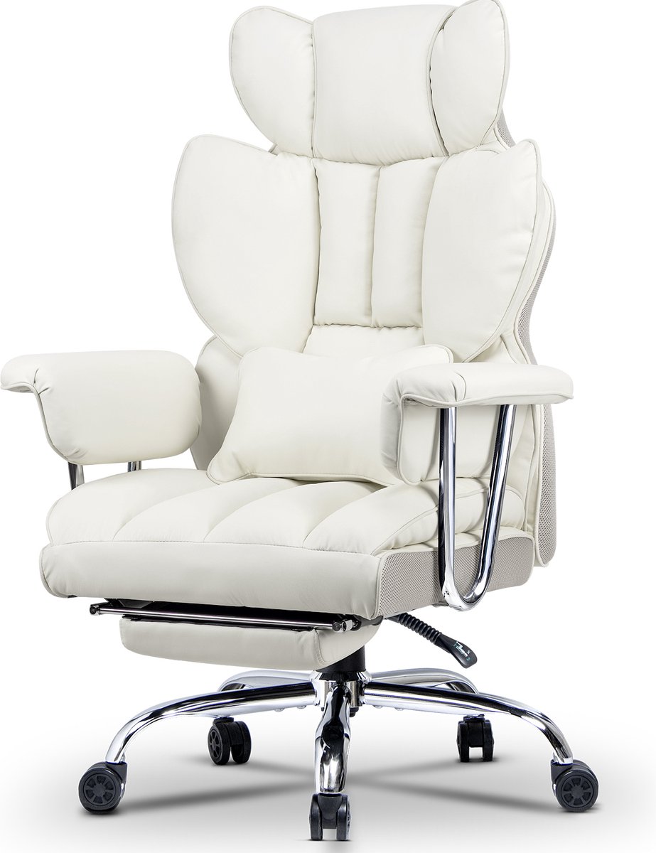Bureaustoel met telescopische voetsteun - Ergonomische bureaustoel met grote gewatteerde zitting en lendensteunkussen - verstelbare rugleuning en in hoogte verstelbaar - PU, wit - Bureaustoel - €139,99