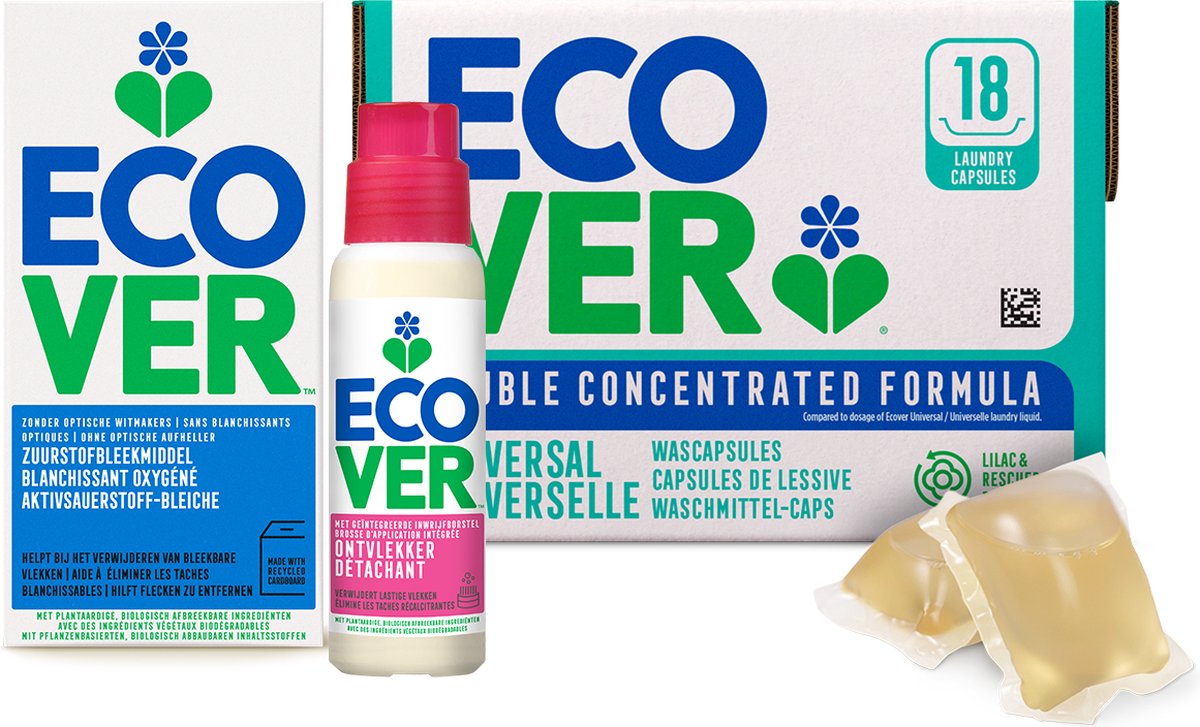 Goedkoopste Ecover Wasbundel - Wascapsules, Vlekkenverwijderaar en Bleekmiddel - Vlekkenbundel