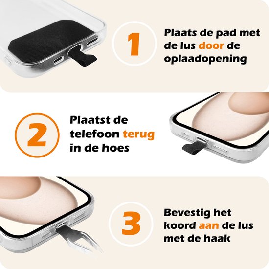 Instructions en trois étapes pour attacher un cordon de téléphone à une coque avec une découpe pour le port de charge.