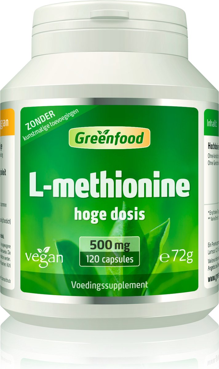 Goedkoopste Greenfood L-methionine, 500 mg, hoog gedoseerd, 120 capsules, veganistisch - belangrijk en essentieel aminozuur. Bouwmateriaal voor eiwitten. Zonder kunstmatige toevoegingen, Zonder genetische manipulatie.