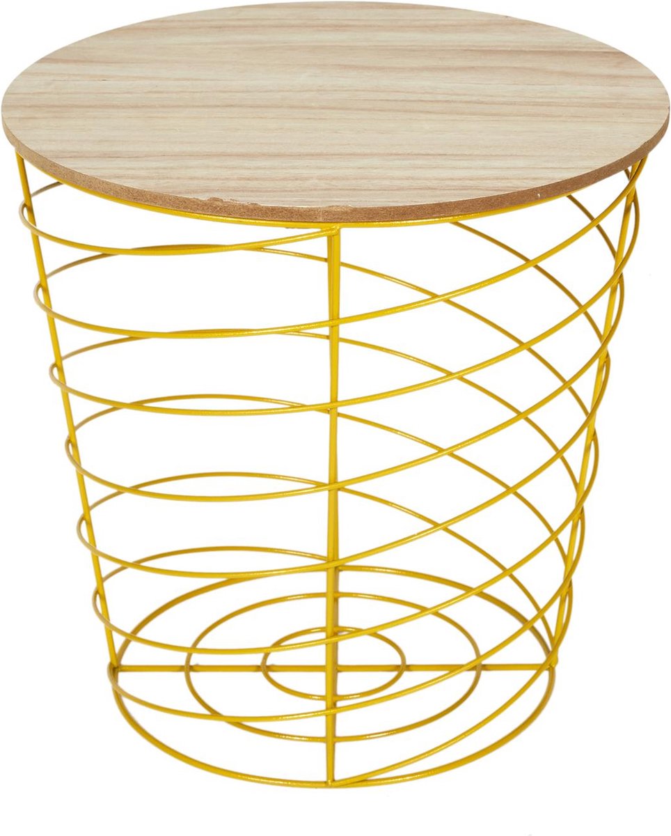 WDMT Metalen Draadmand Bijzettafel met Houten Blad - ø 40 x 40,5 cm - Ronde Opbergtafel - Stijlvol Koffietafel - Praktische Opbergruimte - Salontafel - Plantentafel voor binnen Rond - Tafel - Geel