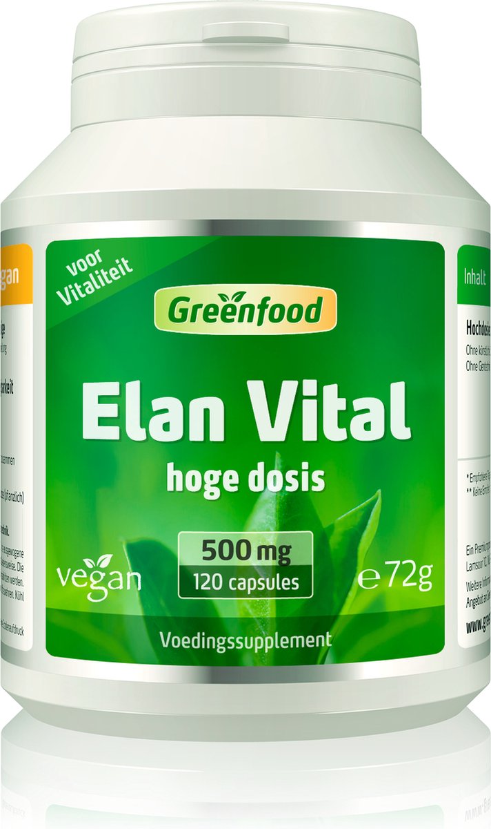 Goedkoopste Greenfood Elan Vital, 500 mg, 120 capsules, veganistisch - met hooggedoseerde plantenextracten en zink. Zonder kunstmatige toevoegingen. Zonder genetische manipulatie.