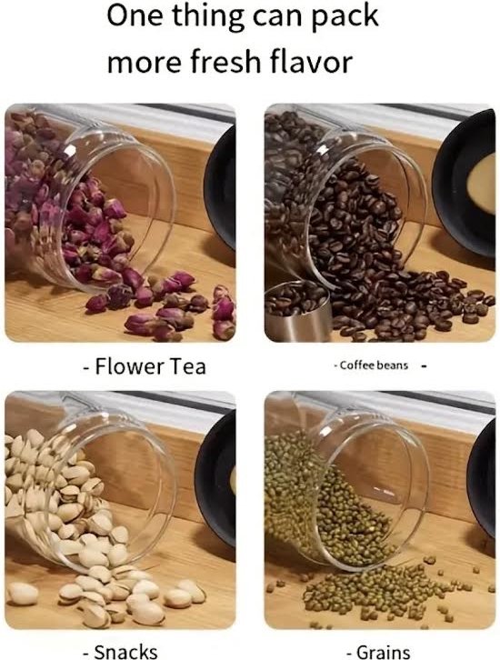 Vier glazen potten omgekeerd, die bloementhee, koffiebonen, snacks en granen tonen.