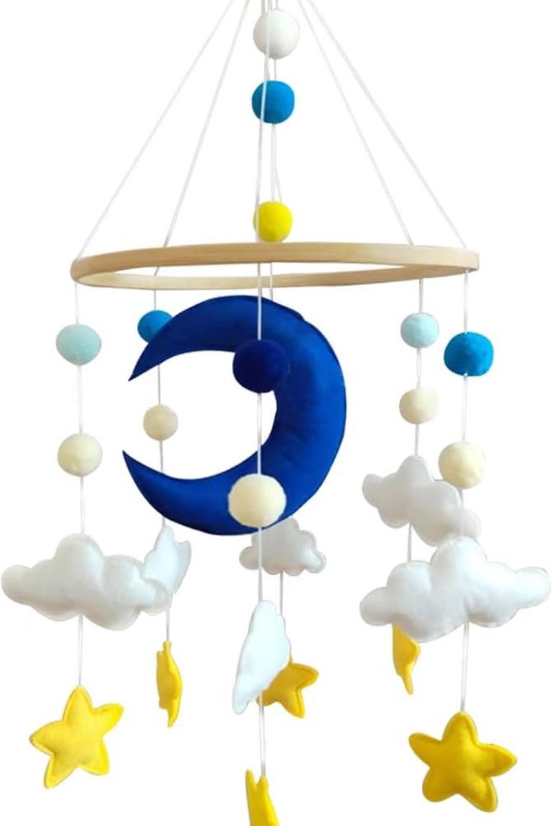 Baby Blauwe Maan en Sterren Windspel - Vilt Babykamer Decoratie - Babymobiel Houten Bedbel - Luiertafel Jongens en Meisjes