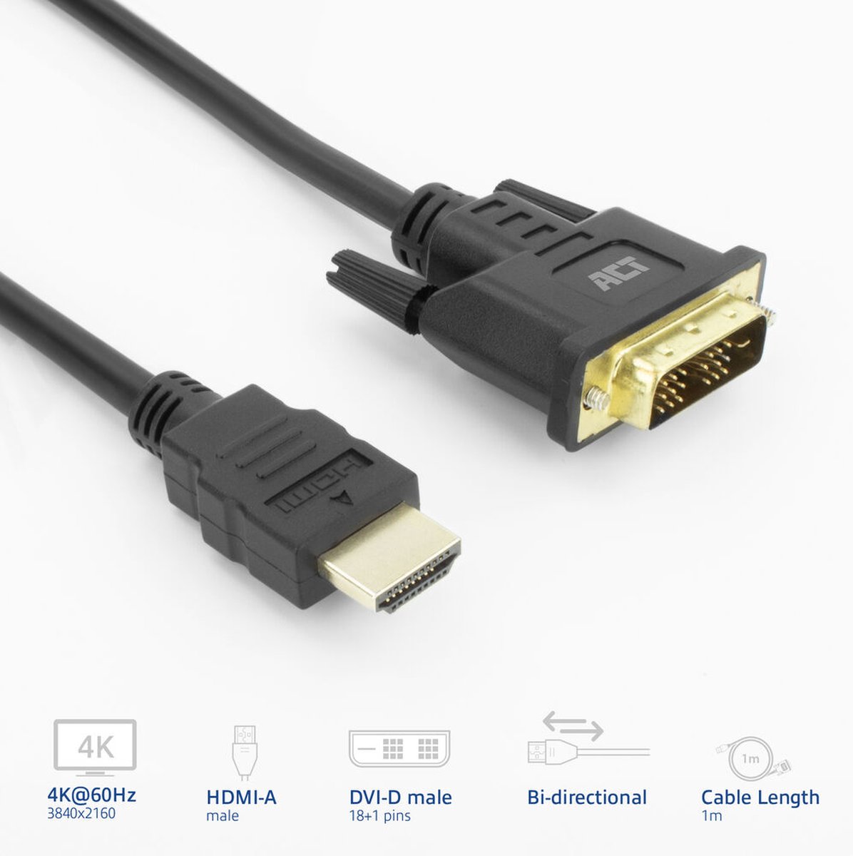 ACT AK3734 HDMI-A (male) | DVI-D (male) Adapterkabel | 4K @ 60Hz | Zwart | 1 meter
