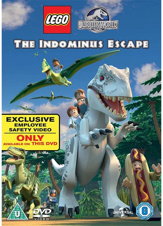 LEGO Jurassic World: The Indominus Escape DVD-hoes met een witte LEGO Indominus Rex die een hotdog met een mens en een pterodactyl dragen.