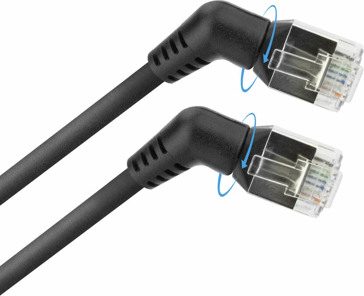 ACT DD1910 U/FTP CAT6A Slimline Patchkabel | Draaibare 360° RJ45-connectoren | 10 meter | Zwart