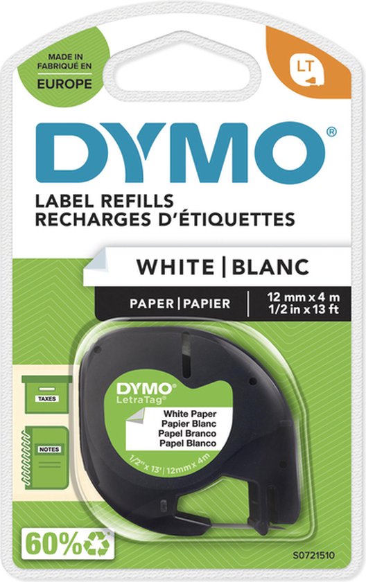 Foto: Dymo letratag originele papieren labels zwart afdrukken op witte etiketten 12 mm x 4 m zelfklevende multifunctionele labels voor letratag labelprinters gemaakt in europa