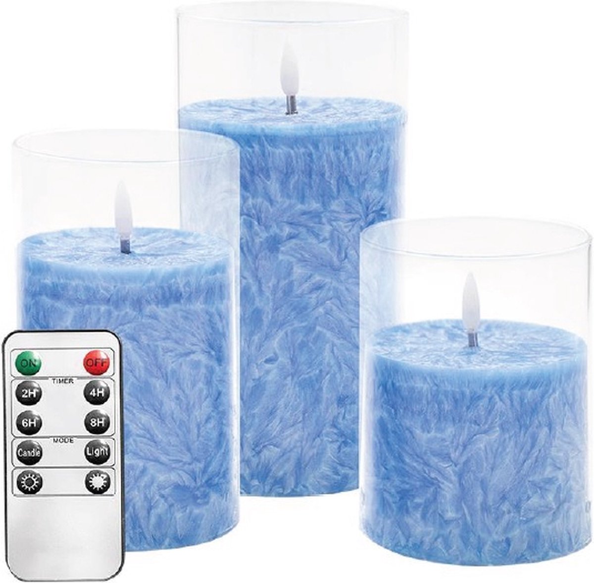 Electrische Kaarsen | Led-Kaarsen | Blauw In Glas | 3 Stuks | Met Afstandsbediening | Op Batterijen | Sfeer | Sfeerkaars