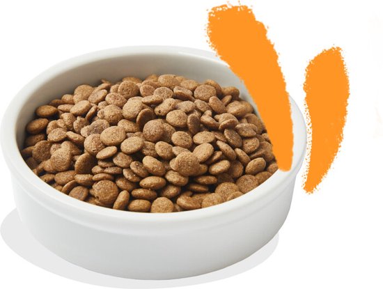 Kom met Edgard & Cooper kattenbrokjes, met witte rand en witte achtergrond met oranje verfstreken.