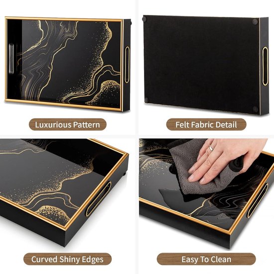 Hanobe Decoratieve zwarte koffietafeldienblad: decoratieve gouden koffietafel dienbladen met handgrepen voor kruk, bar, huisdecoratie, gemakkelijk