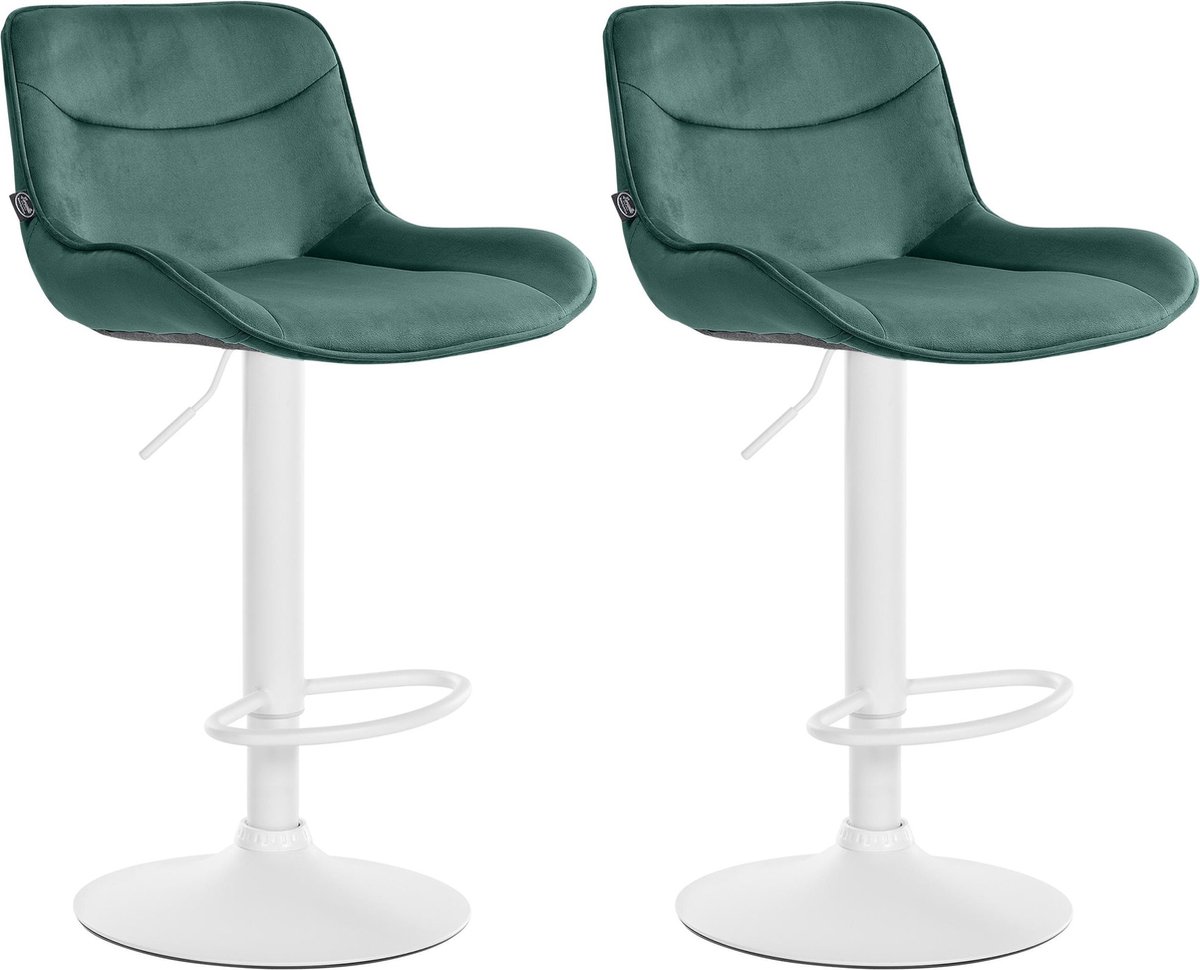 CLP Vonore Set van 2 barkrukken - Met rugleuning - Met voetensteun - Verstelbaar - Metalen frame - Velvet - Fluweel - wit/groen
