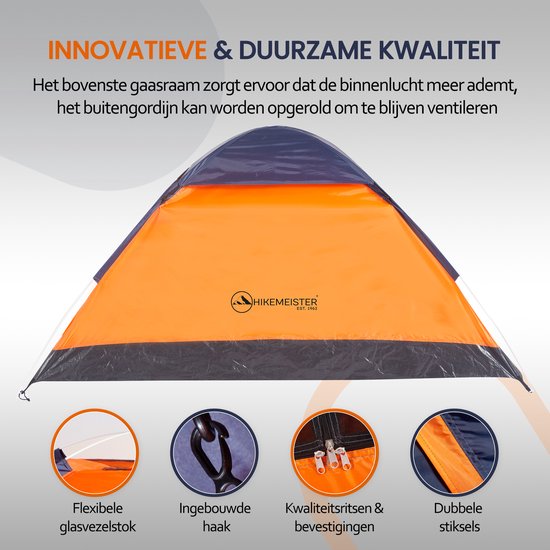 Oranje en donkerblauwe tent met details: flexibele glasvezel stok, haak, ritsen en dubbele stiksels.