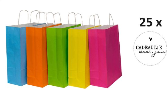 25 kleine papieren cadeautasjes mix kleuren 18x8x22 cm stickers draagtassen. bol