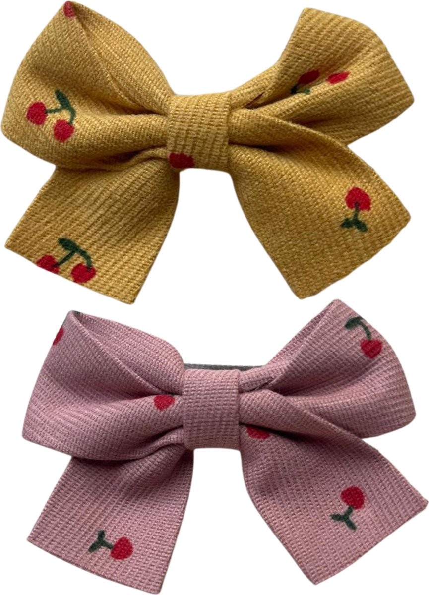 Haarclip - Haarstrik - Haarspeld - Roze & Geel - Strik met Kersen - Meisje - Kind - 2 stuks