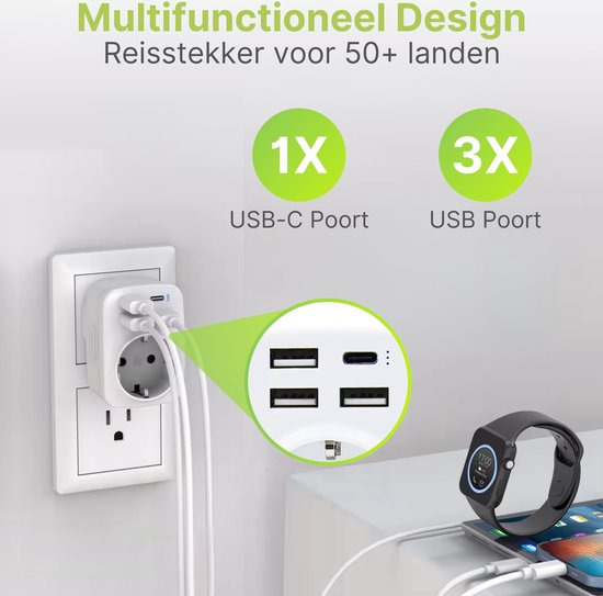 Alles-in-één Adapter Universele Reisadapter | Stekkers Voor 150 Landen | 4 USB 1 USB-C AC Poort | All-in-One Adapter Alles-in-één