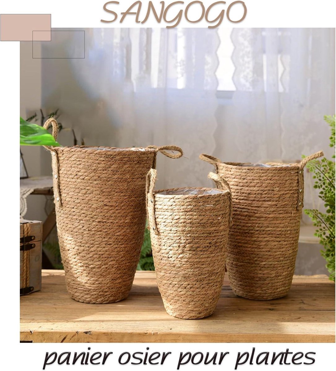 Pot De Fleurs En Paille Tissée - Design Naturel Et Couche Imperméable - Pour Plantes D'intérieur, Balcon Ou Décoration - Taille S - 4