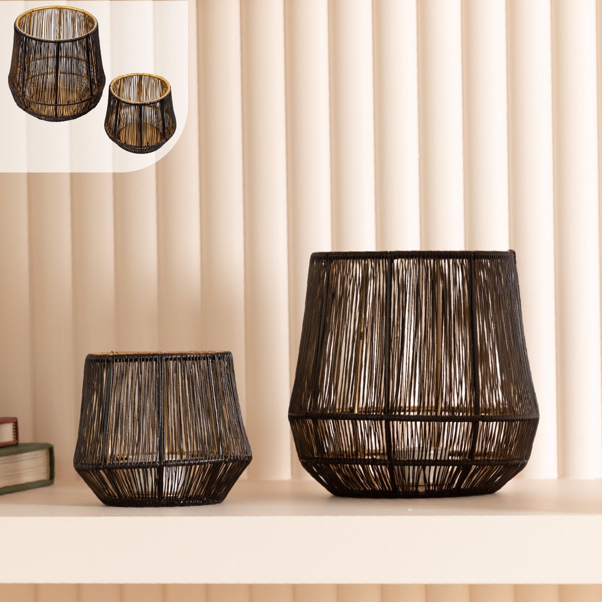 Gadgy Waxinelichthouder Rond - Theelichthouders Set van 2 - Sfeerverlichting binnen - Kaarsenhouders voor Waxinelichten - Rattan - Groot 15,5x16 cm - Klein 9x10 cm