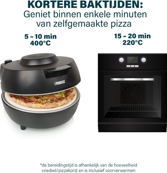 Princess 115005 Pizzaoven - Pizzamaker en oven - Regelbare thermostaat en timer - 1200W - Keramische pizzasteen - 410 graden - diameter 30cm - Zwart — afbeelding 5