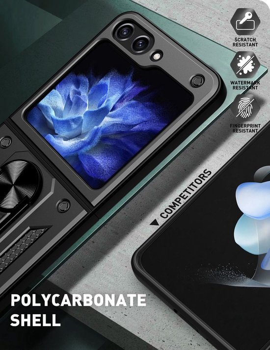 Zwarte telefoonhoes met ringhouder, met tekst 'Polycarbonate Shell' en iconen.