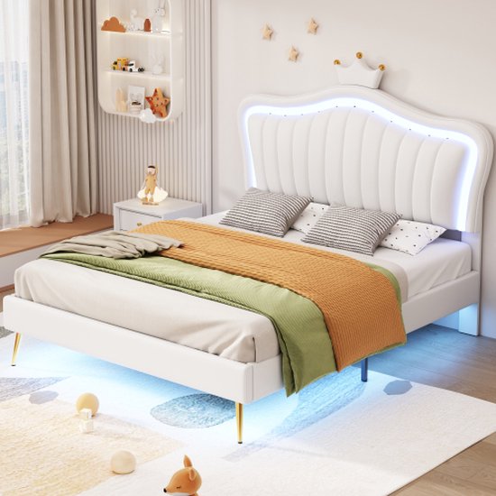 KeepGoon Gewatteerd bed, 90 x 200 cm, met laden, led, voor meisjes, met lattenbodem en rugleuning, bedframe met opbergruimte en hoofdeinde, wit