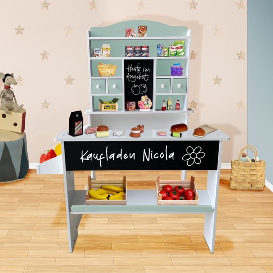 Supermarché bois bio vert avec tableau à craie et 40 accessoires 120x83x66cm
