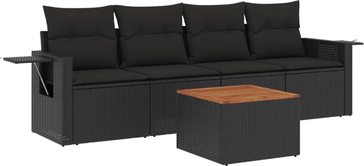 vidaXL 5-delige - Loungeset - met - kussens - poly - rattan - zwart