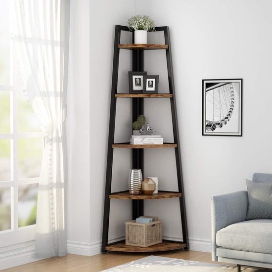 Tribesigns Boekenkast - Boekenrek - Hoekkast - Hoekmeubel - 5 Legplanken - 38x38x176cm - Zwart/ Vintage Bruin