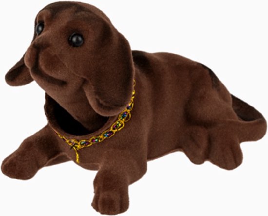 Een vrolijk lief knikkend hondje met een bewegende kop. Leuk om op de achterbank in de auto te zetten! Deze donkerbruine hond is voor decoratie en niet om mee te spelen. Natuurlijk is de hond ook leuk om cadeau te geven aan iemand.